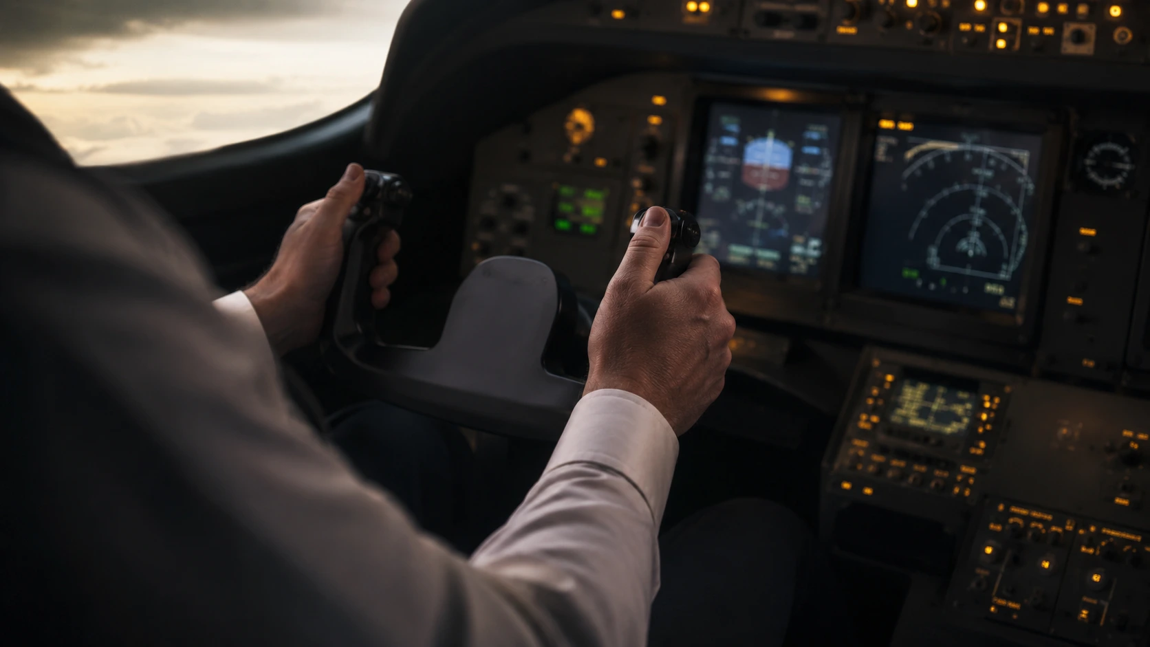A pilot's hands on the controls in a private jet cockpit at dusk