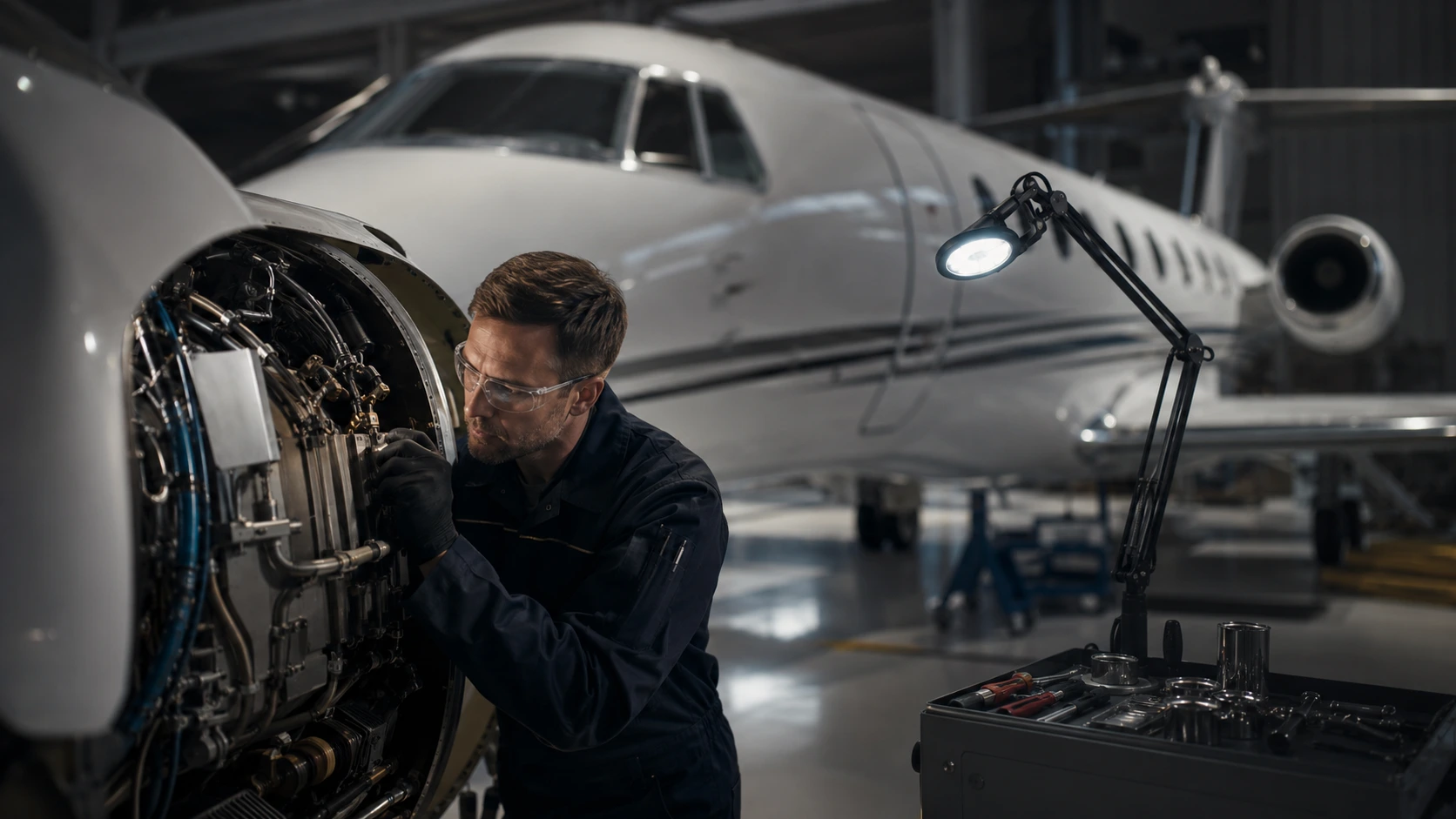An aircraft mechanic servicing a private jet engine in a hangar