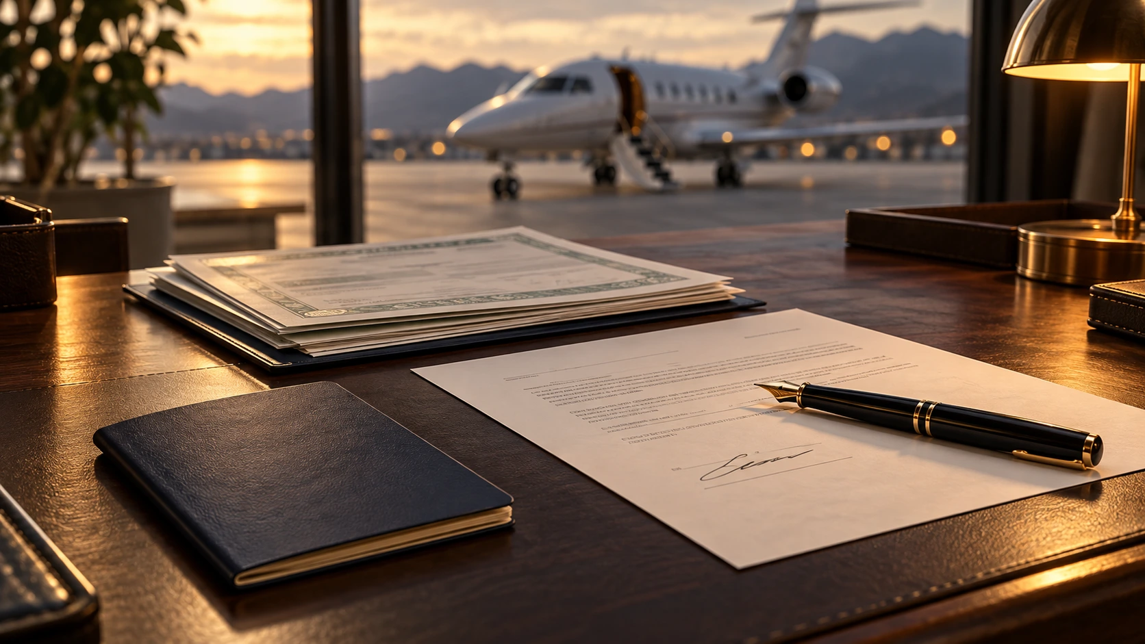 A passport, registration documents and a bill of sale on a desk
