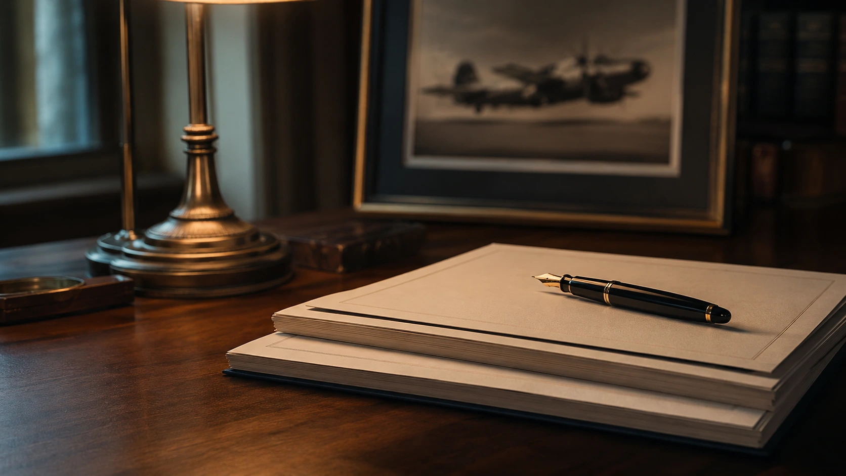 Formal documents and a fountain pen on a desk, with a framed aircraft photograph behind