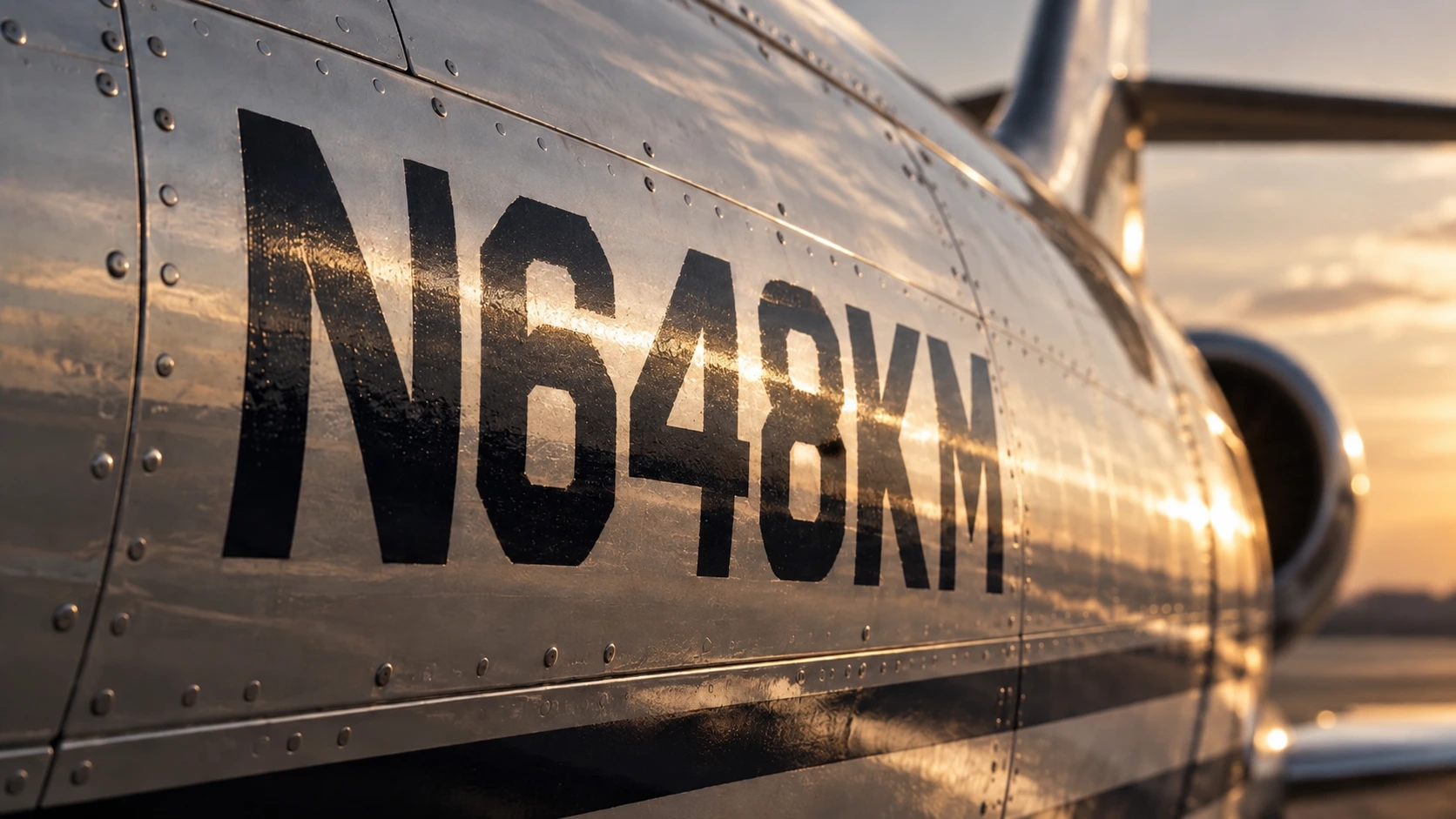 Close-up of an N-number painted on a private jet fuselage